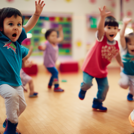 An image featuring a group of preschoolers engrossed in a game of Simon Says, their little faces beaming with excitement as they eagerly follow the leader's actions, capturing the joy and enthusiasm of indoor playtime