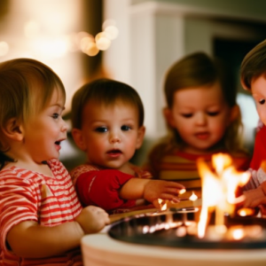 An image of a group of preschoolers huddled together in a cozy living room, their joyful faces lit up by the warm glow of a crackling fireplace, engaged in a variety of indoor games like puzzles, building blocks, and pretend play