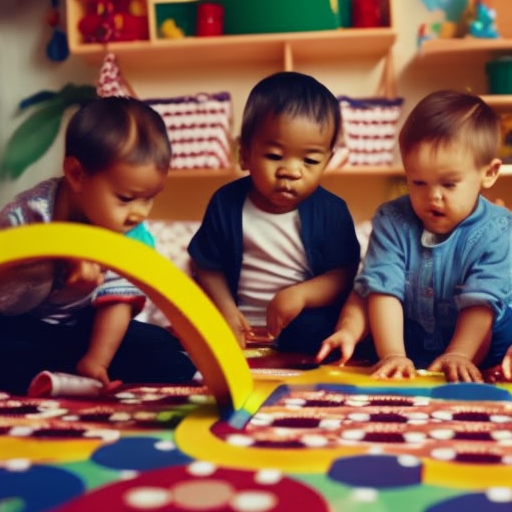 An image of a group of preschoolers sitting around a colorful play mat, engrossed in solving a jigsaw puzzle