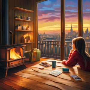 An image of a cozy living room with a crackling fireplace, where children in colorful raincoats build a blanket fort while a mother and daughter happily play board games on a rustic wooden table