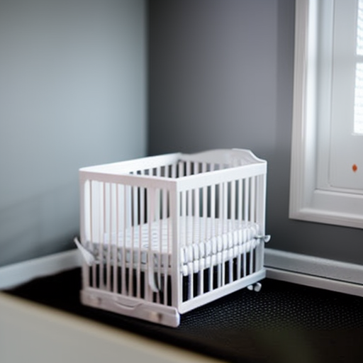 An image showcasing a compact, sleek crib nestled in a cozy corner of a small nursery