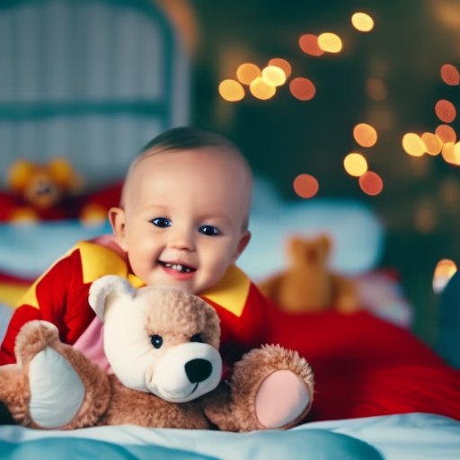 An image capturing a cheerful toddler in colorful pajamas, peacefully sleeping on a cozy, low-to-the-ground toddler bed adorned with playful teddy bear sheets, surrounded by soft plush toys and a nightlight