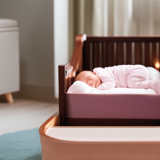 An image showcasing a sturdy, wooden infant bed with rounded edges, equipped with breathable mesh sides, a snug-fitting mattress, and secure railings