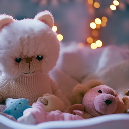 An image showcasing a cozy infant bed adorned with a soft, pastel-colored crib sheet, plush animal toys arranged neatly, a mobile with dangling stars, and a fluffy, hand-knitted blanket draped lovingly over the side