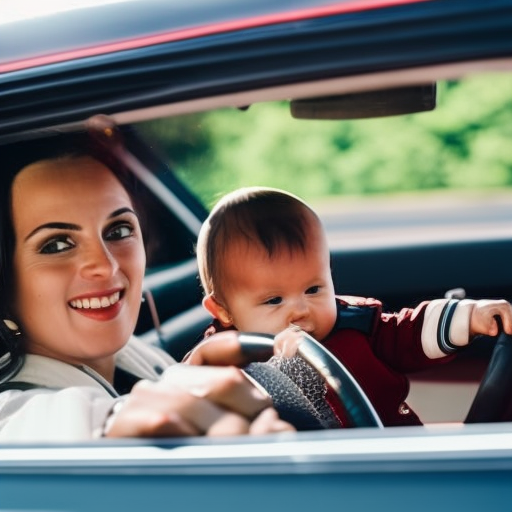 An image that shows a focused driver in a car with a baby in the backseat