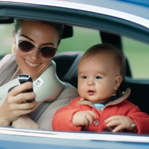 An image depicting a concerned parent checking a digital car thermometer, displaying the perfect temperature range, while their content baby sits in a rear-facing car seat, safely strapped in with a smile