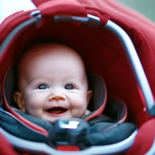 An image showcasing a happy baby securely strapped in a rear-facing car seat, surrounded by a protective cocoon of padded cushions