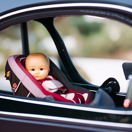 An image showcasing a side view of a correctly installed infant car seat in a vehicle, with a baby doll secured inside, illustrating the appropriate weight and height limits labeled clearly on the car seat