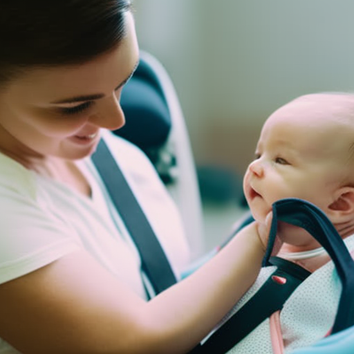 An image that showcases a close-up of an infant car seat, where a caregiver is expertly tightening the straps, ensuring a secure fit