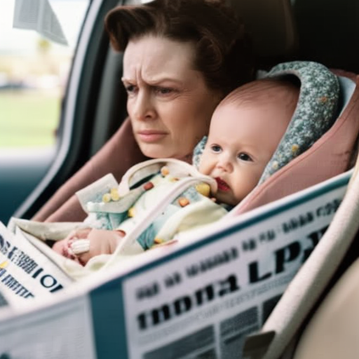 An image of a concerned parent holding their baby in a car seat, surrounded by newspaper clippings and a smartphone displaying a safety recall notification