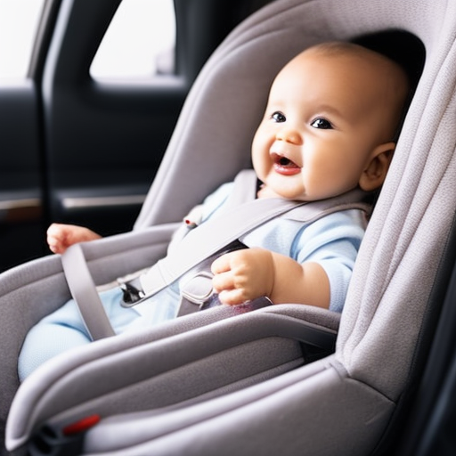 An image of a happy, secure baby snugly fastened in a rear-facing car seat, surrounded by a protective cushioning and correctly adjusted straps