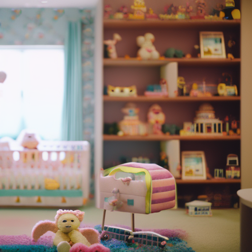 An image showcasing a cozy nursery with soft pastel colors, filled with interactive toys, a colorful mobile above the crib, a bookshelf with vibrant picture books, and a cozy reading nook