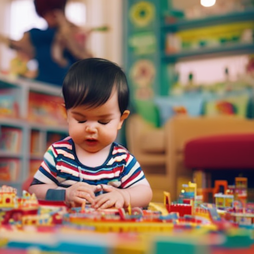 An image showcasing a colorful playroom filled with educational toys, stimulating mobiles, and vibrant books