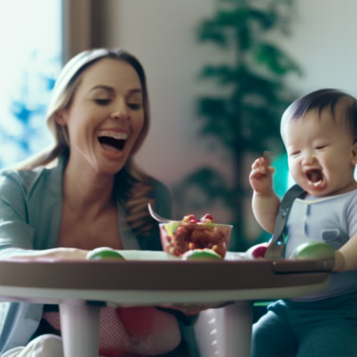 An image depicting a smiling baby sitting in a high chair, eagerly reaching out for a spoonful of mashed fruits and vegetables, while their parent lovingly feeds them, showcasing the joy and excitement of introducing solid foods