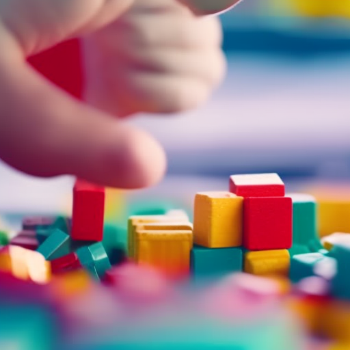 An image showcasing a baby's tiny fingers grasping a colorful set of building blocks, while their other hand adorably attempts to stack them