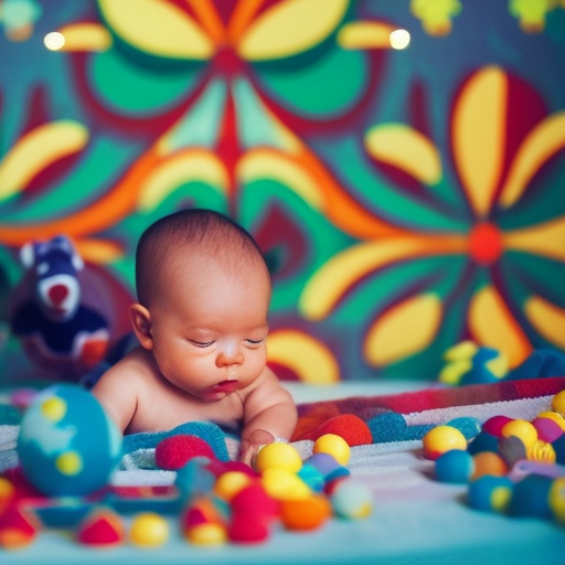 An image showcasing a baby intently studying a colorful mobile, captivated by the vibrant shapes and patterns