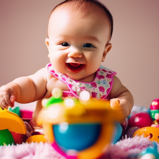 An image showcasing a cherub-faced baby, sitting up unassisted, surrounded by colorful toys, with a toothless grin and sparkling eyes, capturing the joy and excitement of reaching the 9-month milestone