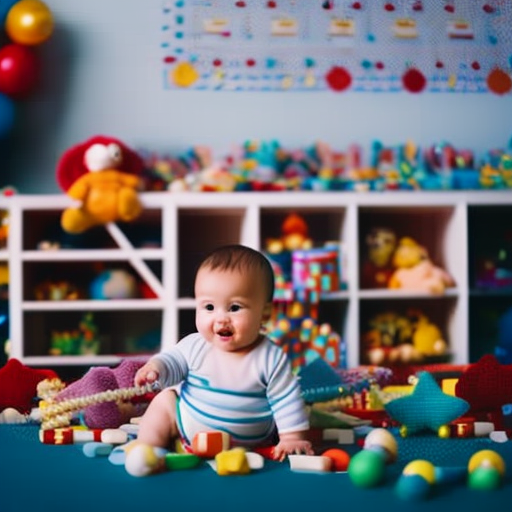 An image showcasing a chubby, giggling 6-month-old baby sitting unassisted, surrounded by colorful toys and a milestone chart in the background, symbolizing the exciting journey of infant development