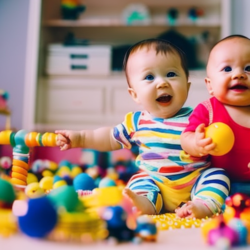 An image showcasing a bright-eyed baby confidently sitting up unassisted, surrounded by colorful toys and an encouraging smile from their caregiver, capturing the excitement and pride of achieving a major gross motor milestone