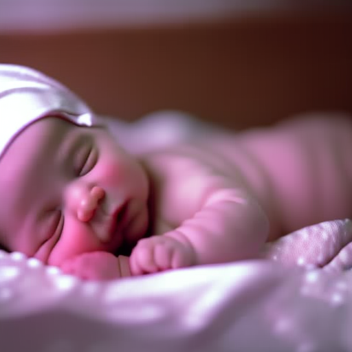 An image of a peacefully sleeping baby in a dimly lit nursery, comfortably swaddled in a crib