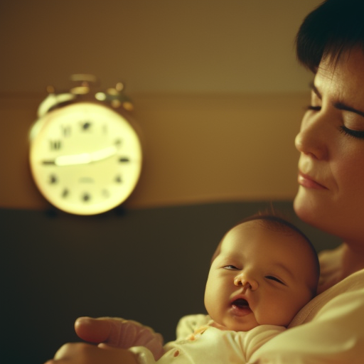 An image of a tired parent gently soothing a sleepless baby in a dimly lit nursery, with a clock on the wall showing a late hour