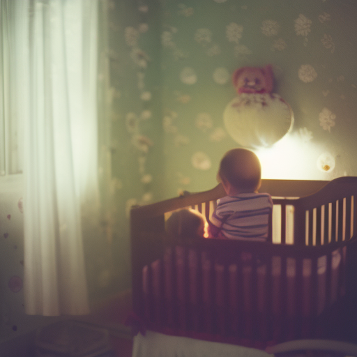 An image featuring a tired parent sitting on the edge of a crib in a dimly lit nursery, gently patting their baby's back while the moonlight softly streams through the window