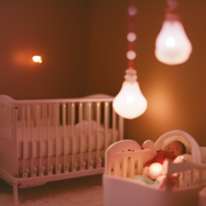 An image showcasing a cozy nursery with a dim nightlight casting a gentle glow, a peacefully sleeping baby in a crib, and a soothing mobile twirling above