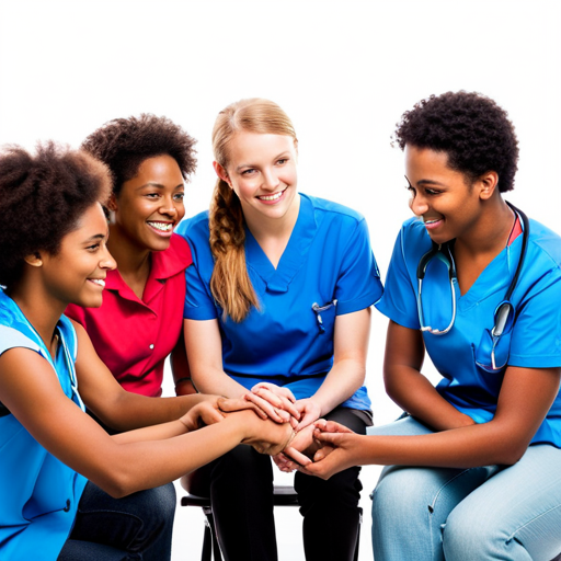 An image showcasing a diverse group of healthcare providers engaging in open dialogue with confident and empowered teenagers