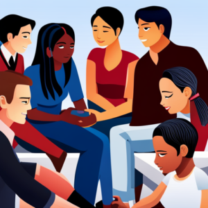 An image showcasing a diverse group of teens engaged in meaningful conversation with adults, symbolizing the importance of informed consent