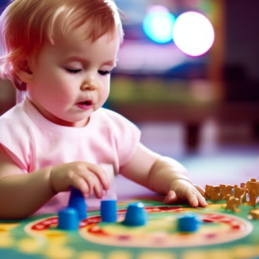 An image showcasing a vibrant, curious toddler eagerly engaging with an interactive educational game on a tablet, with colorful graphics and captivating animations, highlighting the cognitive and developmental benefits of such games