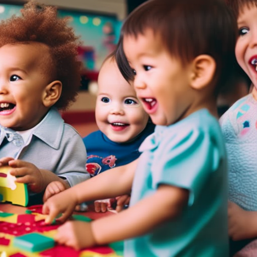 An image showcasing a joyful, diverse group of toddlers enthusiastically engaging with interactive educational games
