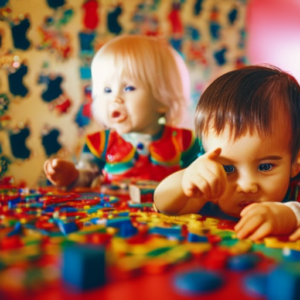 An image showcasing a colorful playroom filled with toddlers joyfully engaged in interactive educational games, surrounded by vibrant toys, puzzles, and learning materials that stimulate their curiosity and cognitive development