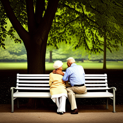 An image of an elderly couple sitting close on a park bench, hands intertwined, leaning in towards each other, their eyes locked, exchanging heartfelt smiles, capturing the essence of deep connection and communication in their later years
