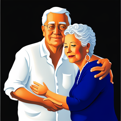 An image showcasing a couple in their later years, tenderly embracing amidst a dimly lit room