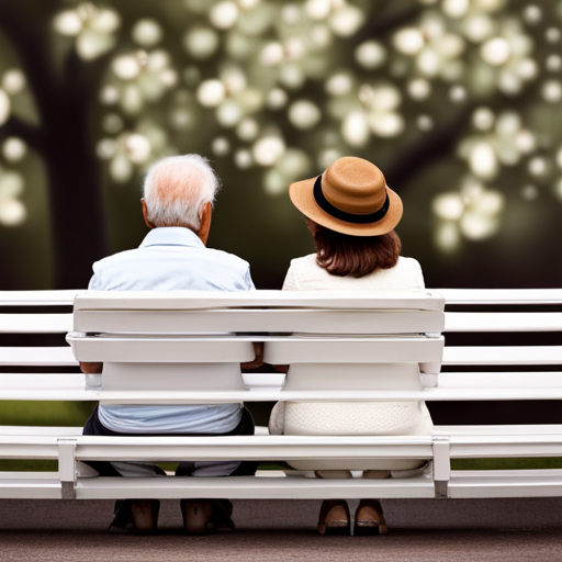 An image that shows an elderly couple sitting side by side on a park bench, their hands gently clasped together, as they share a tender, knowing smile that reflects the deep trust and intimacy they have built over the years