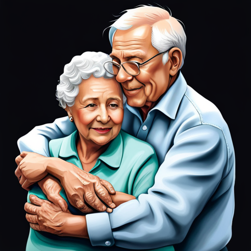 An image capturing the tender embrace of an elderly couple, their weathered hands intertwining, revealing the beauty and depth of love that endures through the passage of time
