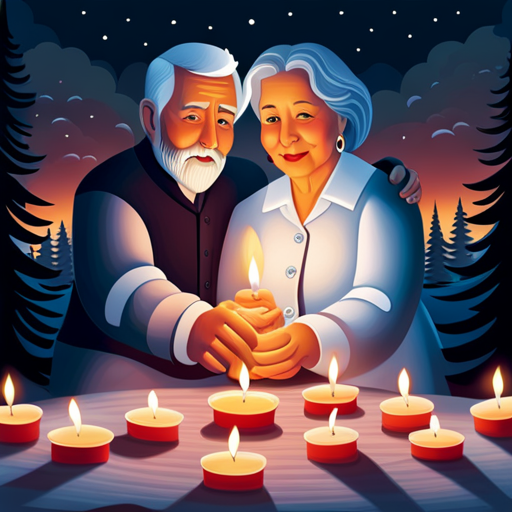 An image capturing the tenderness of two silver-haired individuals holding hands, their intertwined fingers showcasing a lifetime of shared experiences, while soft candlelight illuminates their faces, evoking an ambiance of romance and discovery