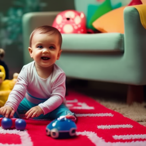 An image of a smiling toddler sitting cross-legged on a colorful carpet, surrounded by various toys and counting objects