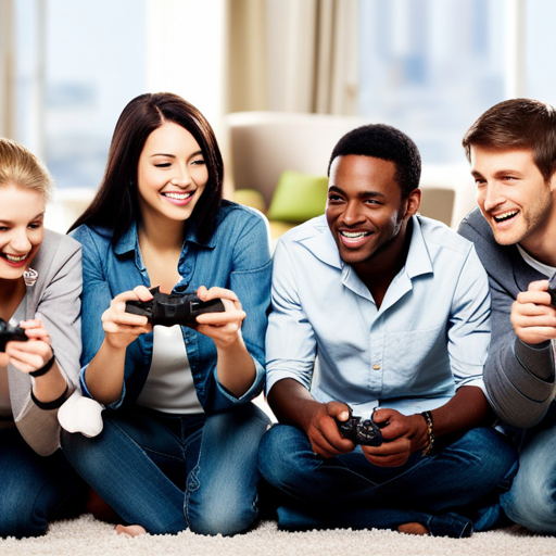 An image showcasing a diverse group of individuals, engrossed in video games, with smiles and laughter filling the room