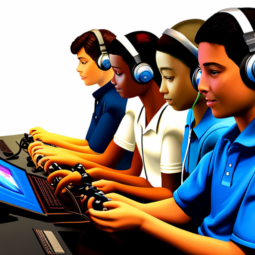An image depicting a diverse group of students engrossed in a virtual world, each wearing headsets and holding controllers, as they collaborate, problem-solve, and develop critical thinking skills through educational video games