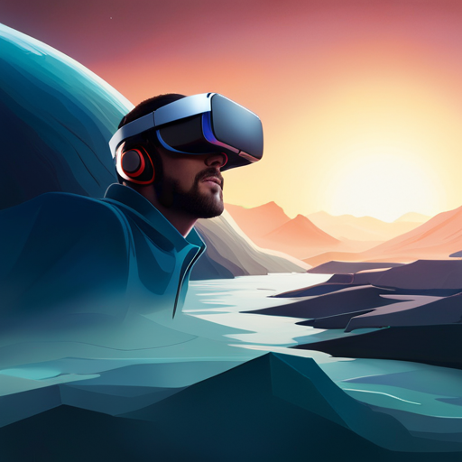 An image capturing the exhilaration of VR gaming; a player, wearing a sleek headset, reaches out in awe as vibrant, lifelike landscapes materialize around them, their face lit up with childlike wonder