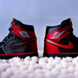 An image capturing the essence of Jordan 1 Baby Shoes: a pair of pint-sized sneakers in vibrant red and black hues, adorned with the iconic Nike swoosh, resting on a cloud-like cotton blanket
