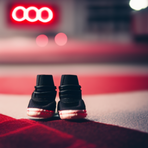 An enticing image showcasing a pair of tiny, immaculate Jordan baby shoes, their vibrant red and black color scheme contrasting against a cozy, soft background, exuding style, comfort, and cuteness