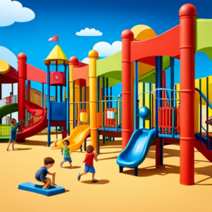 An image showcasing a vibrant playground scene, filled with children engaged in diverse physical activities like swinging, climbing, and playing sports, radiating energy and excitement, capturing the essence of keeping children active