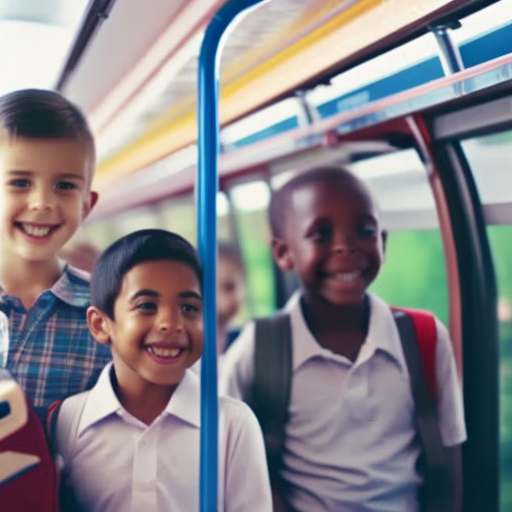 An image depicting a diverse group of children wearing bright backpacks, confidently boarding a well-lit bus with clear emergency exits