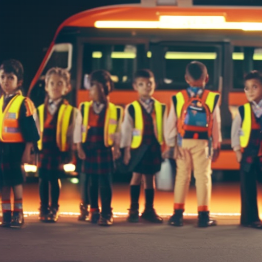 An image showcasing a school bus equipped with flashing emergency lights, surrounded by children wearing bright orange safety vests and carrying emergency backpacks, while a safety officer demonstrates proper emergency exit procedures