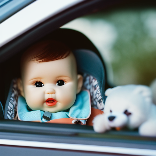 An image showcasing a rear-facing car seat securely installed in a vehicle, with a carefully buckled baby doll inside
