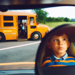 Keeping Kids Safe in Transit 31 Create an image showcasing a school bus filled with cheerful children wearing bright safety vests, buckled up in their seats, with a vigilant driver glancing at them through the rearview mirror, surrounded by traffic signs and crosswalks