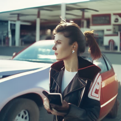 An image capturing a woman standing next to her car at a brightly lit gas station, visibly absorbed in her phone, oblivious to her surroundings