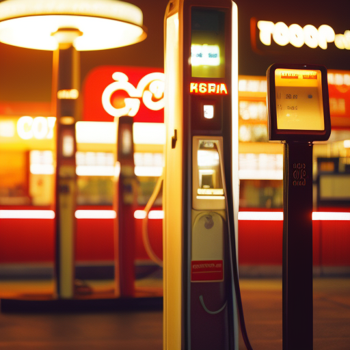 An image of a well-lit gas station at dusk, showcasing a customer confidently using the pay-at-the-pump feature